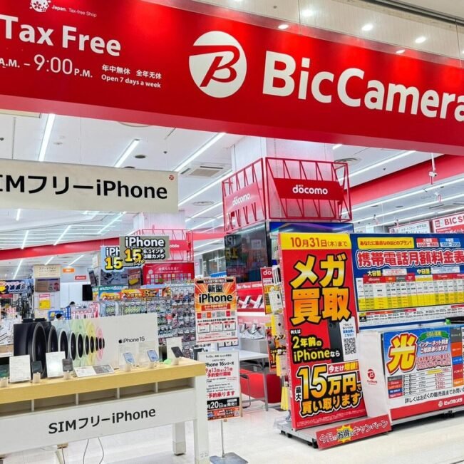Bic Camera electronics store exterior in Namba Osaka with large signage
