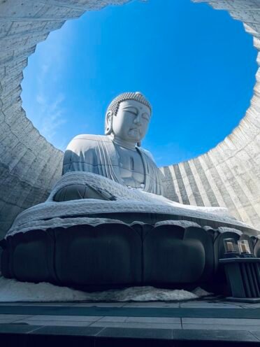 Head of the Buddha statue visible above lavender fields in Sapporo attraction